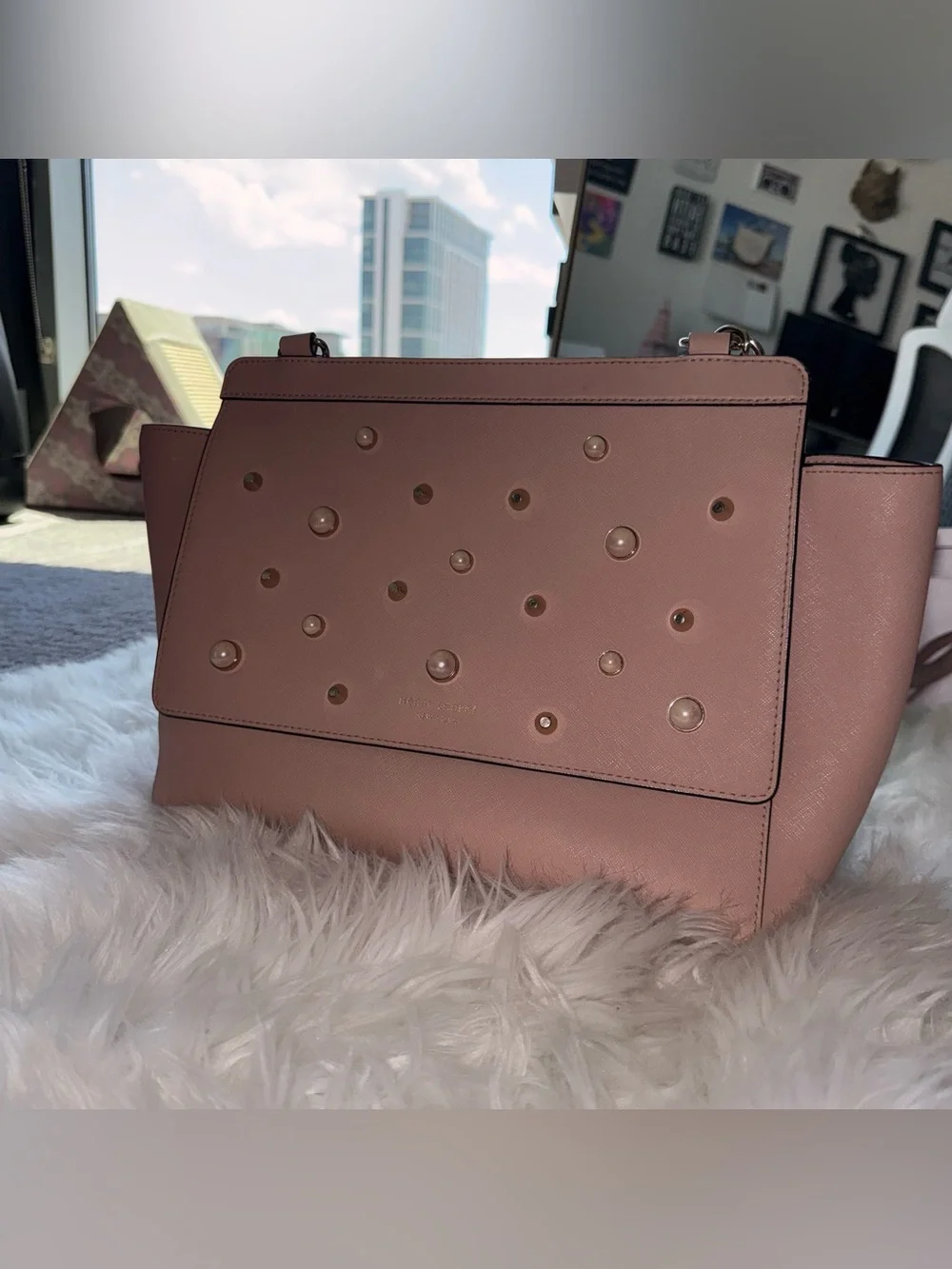 Henri Bendel West 57th Flap Satchel Pearl Gold Stud Rosewood Crossbody Strap